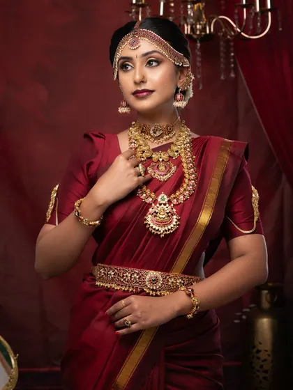A three-quarter view showing the complete styling, from the hair and makeup to the perfectly draped saree and jewelry.