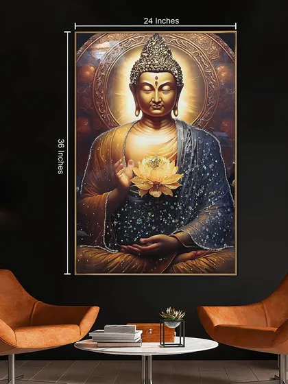 This image provides the dimensions for the Buddha wall art, showing its size of 24 by 36 inches. It's a large, impactful piece designed to be the centerpiece of a spiritual or minimalist decor theme.