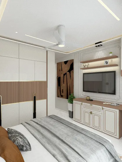 A closer look at the wardrobe and TV unit in the master suite. The combination of white, wood, and gold accents creates a timeless and sophisticated look.