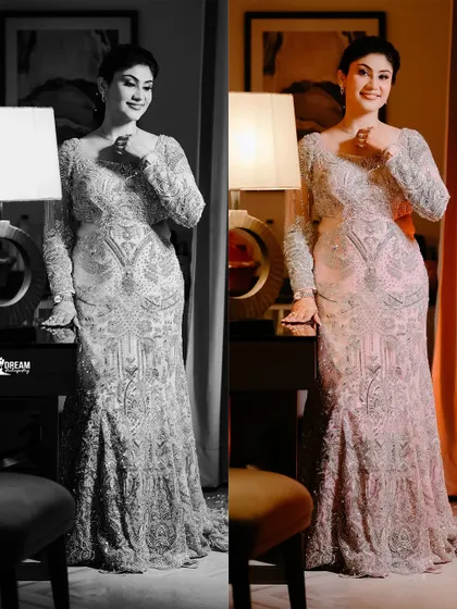 A split-screen image showing bride Airika in both monochrome and color, highlighting the intricate silver embroidery on her pink cocktail gown.