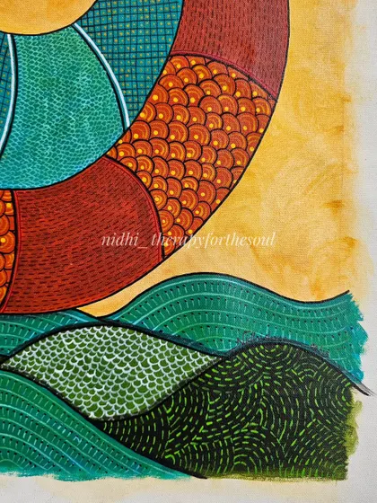 Another detail shot from the peacock painting, focusing on the lower part of the composition. You can see the texture of the waves and the scale-like pattern on the peacock's body.