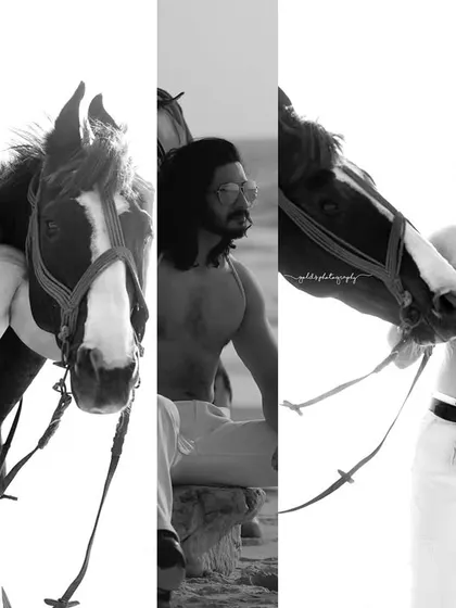 A series of black and white images from a male editorial shoot on the beach with a horse. The monochrome style gives these photos a classic, timeless, and heroic quality.