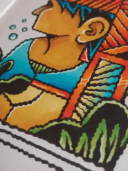 A close-up of the finished character colored with alcohol markers. The blending capabilities allow for smooth gradients and punchy, saturated colors.