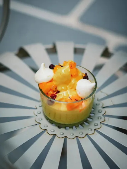 A childhood summer, spooned into a glass. Our Mango Gelato is made with ripe mangoes, fresh churn, and topped with cranberries and crisp meringue.