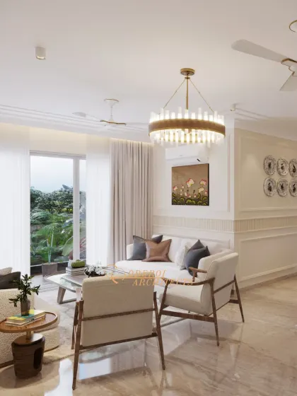 The living area is arranged to maximize natural light from the large window, with comfortable seating perfect for conversation.