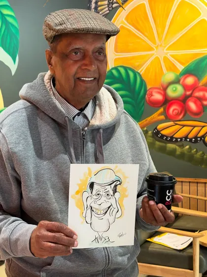 This gentleman enjoyed a coffee and a caricature. My live art is a great addition to the cozy ambiance of a cafe.