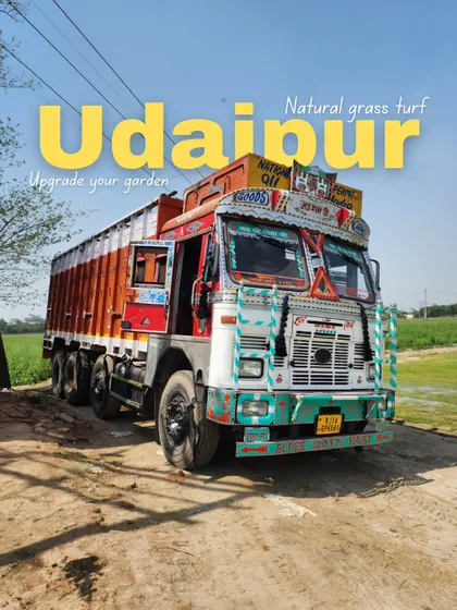 A truck fully loaded with our premium natural grass turf, ready to depart for a client in Udaipur. This showcases our capability to handle large, long-distance orders efficiently.