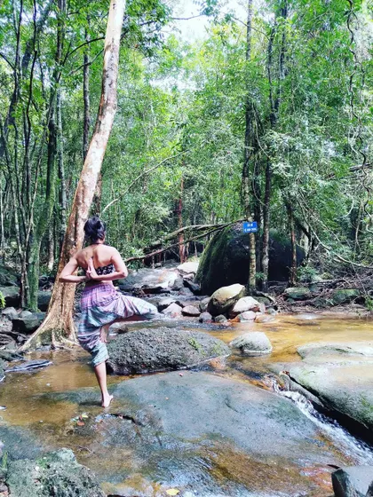 "Balancing in yoga and life is a reflection of our inner state." - Shiva Rea. Finding my still point here by a stream in the forest.