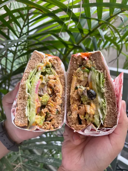 The perfect bite of our Vietnamese BBQ Chicken Sandwich. This close-up shows the rich texture and vibrant colors of the ingredients, promising a delicious and satisfying experience.