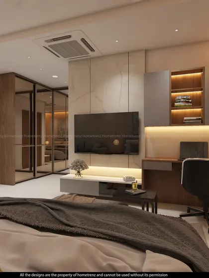This angle shows the integrated desk and TV unit, a smart solution for a multi-functional guest room.