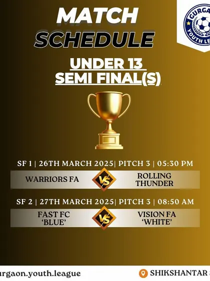 The U13 Gold Cup semi-final schedule for the Gurgaon Youth League. Competing in knockout stages is crucial for player development.