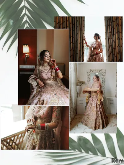 A lovely collage of the bride's getting-ready moments, showing her by the window and looking in the mirror, all framed with a touch of nature.