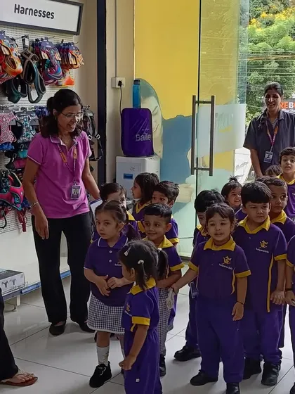Schoolchildren looking at the different harnesses and accessories available in our store during their educational visit.