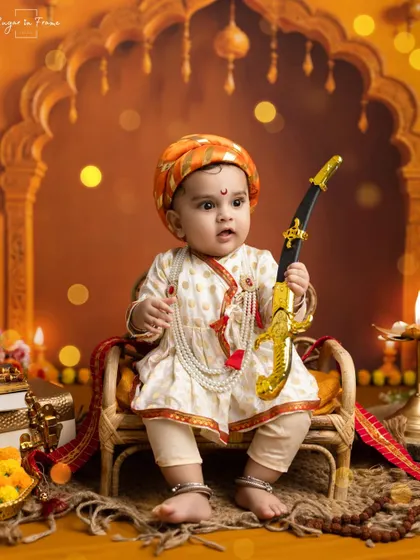 A full-length portrait of the 'Bal Shivaji' setup, showcasing the detailed costume, props, and the warm, glowing background.