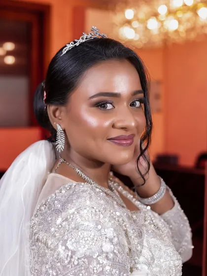 A beautiful close-up of a soft glam Christian bridal look. This style is perfect for brides who want a radiant but not overly bold appearance.