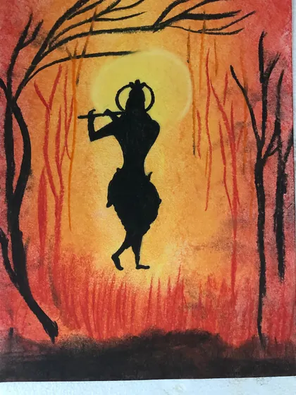 This artwork shows how a simple silhouette can tell a powerful story. Using soft pastels, the student created a fiery sunset background for the silhouette of Lord Krishna, learning how to blend warm colors to create a glowing effect.
