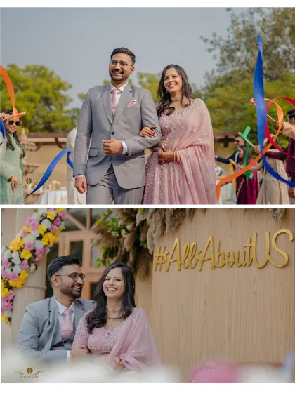 A diptych showing the couple's happy entrance and a seated portrait against their personalized backdrop. These shots capture the joy and style of their engagement.