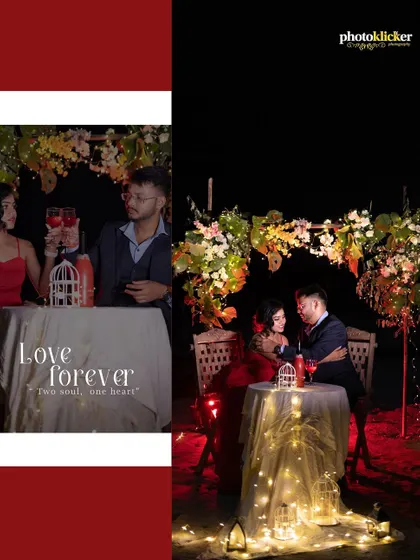 A modern album layout with bold graphic elements, showcasing a couple's romantic, candlelit dinner on the beach.