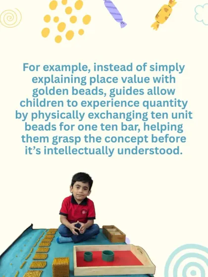 Here is a practical example of our method. Instead of just explaining place value, we use golden beads so children can physically experience the quantity, grasping the concept concretely before moving to abstract understanding.