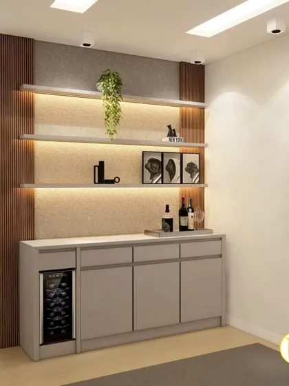 A close-up of the custom sideboard, perfect for a dining room or living area, offering both display and concealed storage.