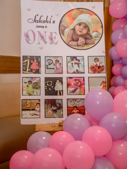 A 'Journey to ONE' milestone board for Sakshi's birthday. It's a beautiful way to share memories from the first year with family and friends.