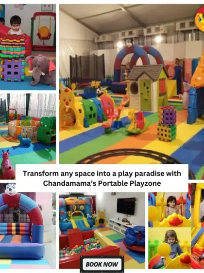 Transform any space into a play paradise. This collage shows six different setups, including bouncy castles, ball pits, and ride-on toys, demonstrating the versatility of my portable playzones.