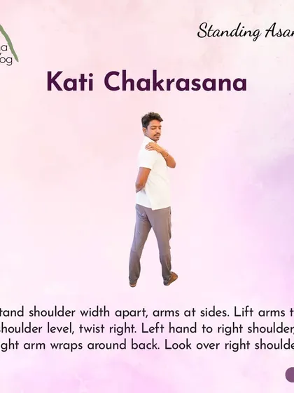 Learn Kati Chakrasana (Waist Rotating Pose). This standing twist improves spinal flexibility and strengthens the core.