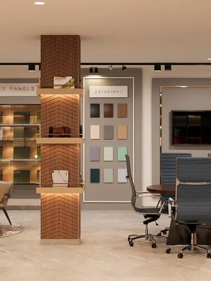 This design is for an experience center or a large office showroom. It features different zones for meetings, discussions, and material selection, all within an open and collaborative layout.