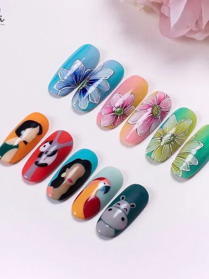 A fun and whimsical set combining translucent floral designs with cute, hand-painted animal and character art.