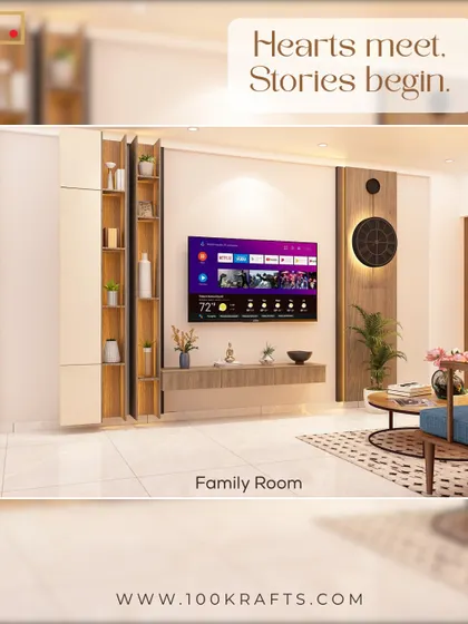 A family room where hearts meet and stories begin. The entertainment unit is designed with a mix of closed cabinets and an artistic open shelf, creating a balanced and personal space.