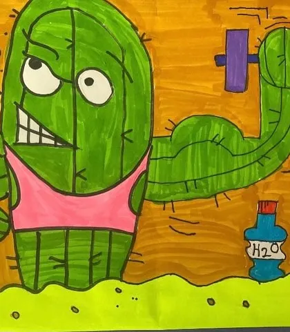 Another take on the weightlifting cactus, this time with a different expression of effort. We encourage students to explore various emotions in their character drawings.