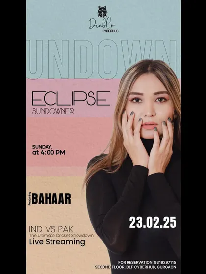 The poster for the Eclipse Sundowner at Diablo, Gurgaon. A perfect Sunday evening with fresh tunes and live cricket screening.
