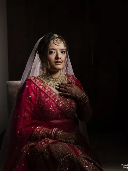 A moody and artistic bridal portrait. The bride is seated, bathed in soft light that highlights her thoughtful expression and beautiful attire.