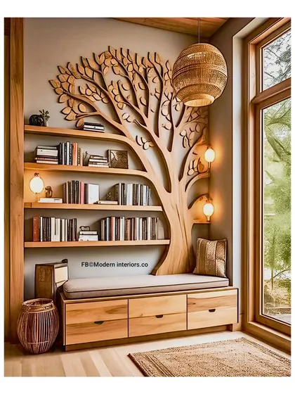 Cozy reading nook goals! This tree bookshelf is one of my absolute favorites. The branches hold your stories, and the bench with storage underneath is perfect for extra pillows and blankets.