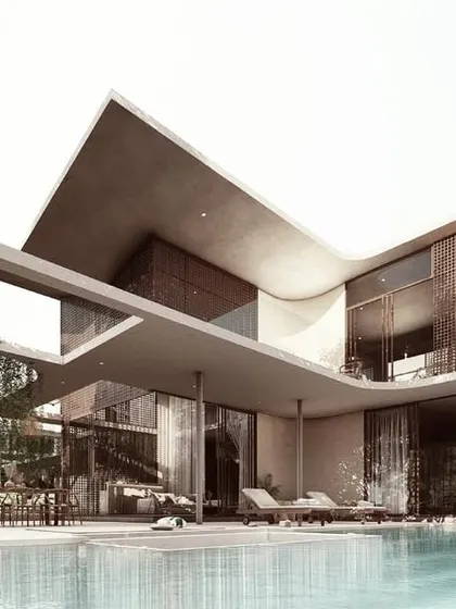 The exterior of the House of Veils showcases our approach to indoor-outdoor flow. The cantilevered structure creates a sheltered patio space that merges the living room with the pool and garden, all under one dynamic roof.