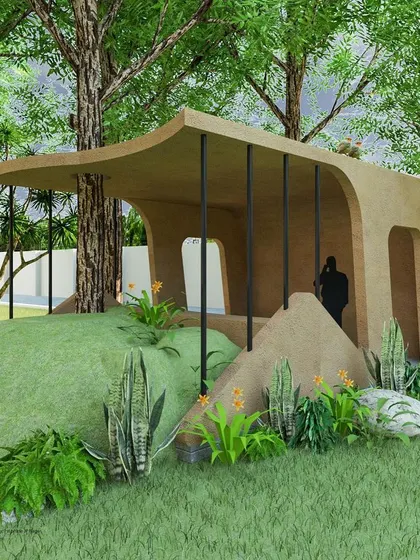 Inspired by the form of an anthill, this proposal for a recreational pavilion uses earthy materials and an organic shape to merge seamlessly with the landscape. It's an example of our focus on sustainable, context-driven design.