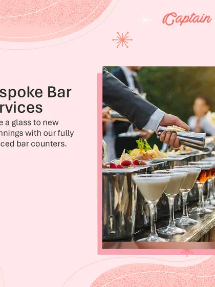Raise a glass to success with our bespoke bar services. This image shows a professionally managed bar counter with a variety of cocktails, perfect for adding a touch of sophistication to your corporate cocktail evenings or gala nights.