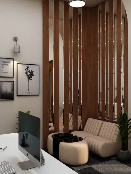 Another angle of the modern reception area, showing the interplay between the front desk, the wood slat partition, and the cozy waiting nook. The design is cohesive and thoughtfully planned.