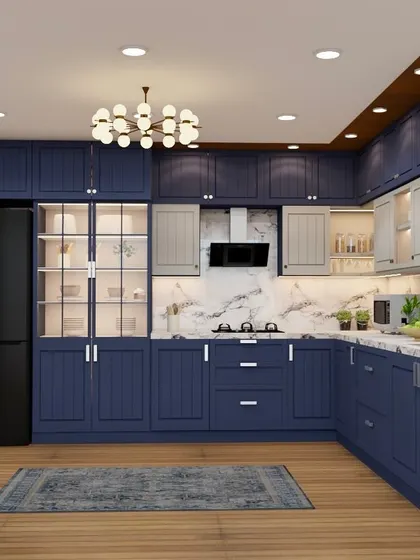 A render of a classic kitchen design with navy blue shaker-style cabinets, a marble backsplash, and a statement chandelier.