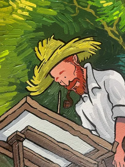 A detailed view of Vincent's character in 'Colorful Lake', focusing on his straw hat and pipe as he paints by the water.