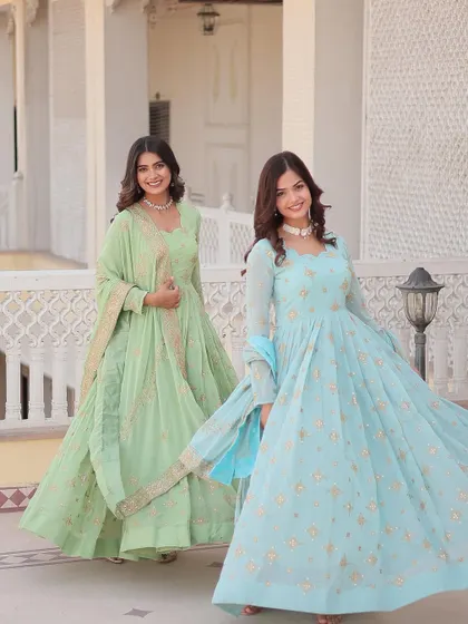 Pastel Anarkalis are perfect for summer weddings. These flowing mint green and sky blue outfits are light, airy, and have just the right amount of sparkle with their subtle gold embroidery.