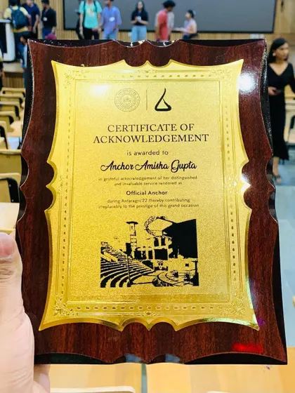 A close-up of the beautiful souvenir from the Antaragni team. I'm grateful for the opportunity to be the official anchor for such a prestigious event.
