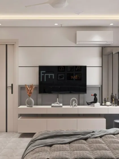 The entertainment zone in the kids' room features a floating TV console and a full-length mirror, which helps make the space feel larger. The clean, handle-less design of the storage keeps the look modern and uncluttered.