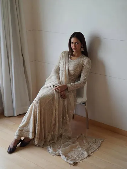 Another angle of Sonam Bajwa's graceful Tarun Tahiliani look, showing the intricate detail of the Chikankari embroidery from head to toe.