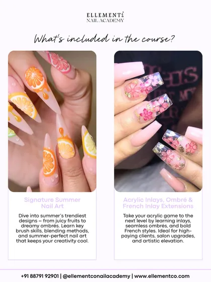 Dive into creative nail art techniques. Our courses cover signature summer designs, from fruity styles to dreamy ombrés, and advanced acrylic inlays for high-paying clients and salon upgrades.