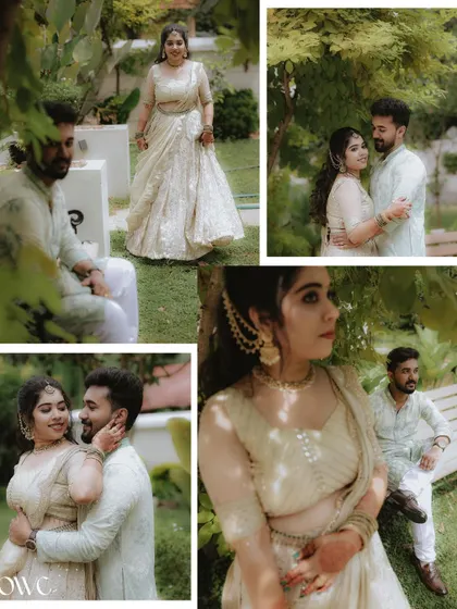 A collage of romantic moments from a garden pre-wedding shoot, showing a variety of poses and emotions.