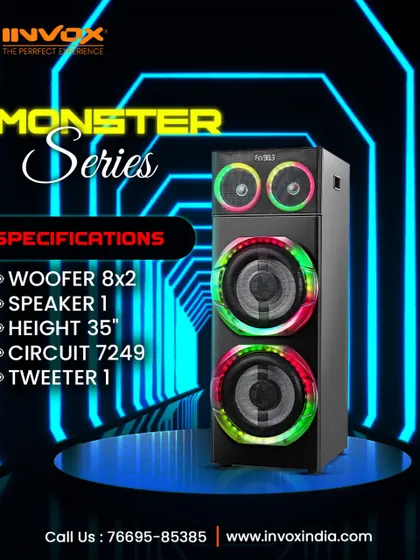 A detailed look at the specifications of a Monster Series tower. It features dual 8-inch woofers and stands 35 inches tall, all housed in a futuristic design.