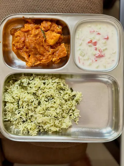 Another serving of the delicious chicken ghee roast with dill rice and raita.
