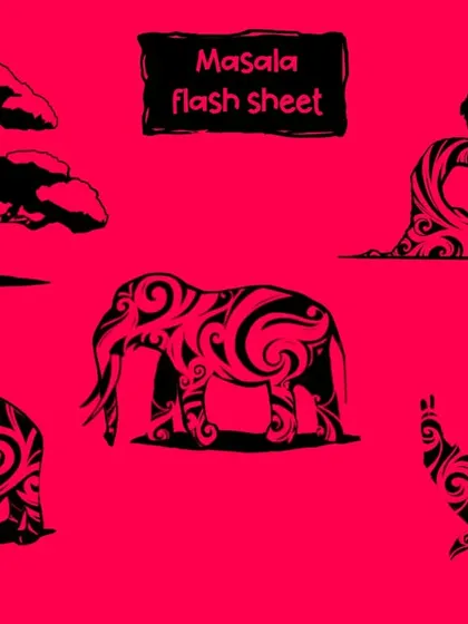 This is my 'Masala Flow' flash sheet, featuring flora and fauna with a desi vibe. Designs like the bonsai, elephant, and eagle are drawn with curvy, continuous lines, ready to be inked. If you're looking for a tribal fusion tattoo, this is a great place to start.