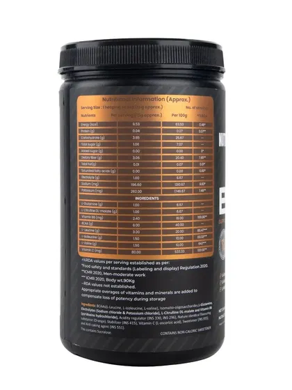 The back label of the orange-flavored BCAA powder.